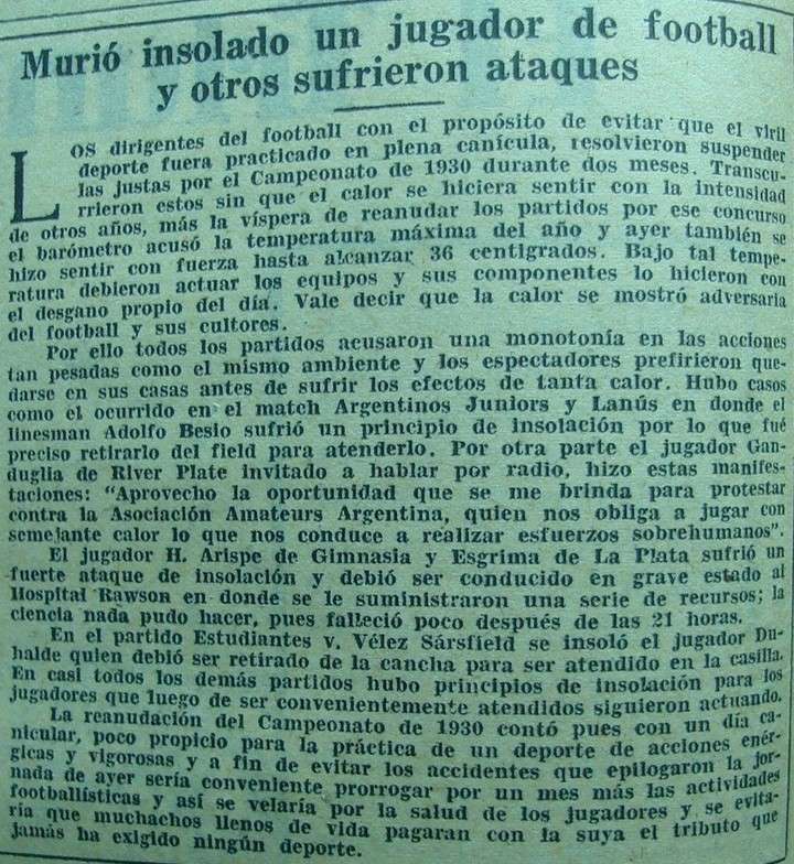 El diario El Mundo editorializó así por la muerte de Héctor Arispe, jugador de Gimnasia, el 1 de marzo de 1931. 