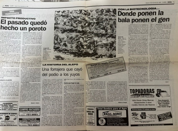 Una memorable doble página central en Clarín Rural, cuando se anunció la llegada de la soja RR, con dos notas de Daniel Valerio explicando la revolución agrícola que se venía en la Argentina.