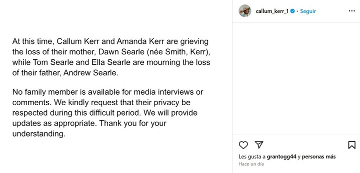 El comunicado de Callum Kerr en su cuenta de Instagram.