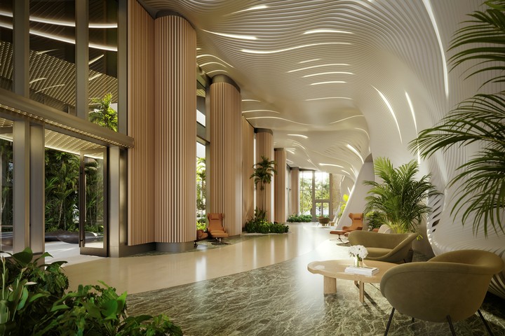 Diseño del vestíbulo de entrada en Mercedes-Benz Places.