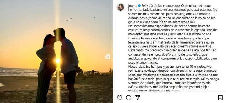 Con un bebé en camino, Jimena Barón le dedico unas hermosas palabras a su novio Tuma Palleiro por el Día de los Enamorados. Foto: Instagram