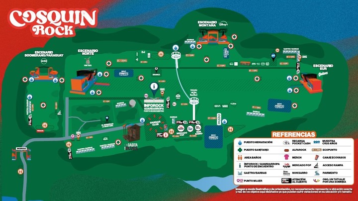 El mapa del predio del festival Cosquín Rock, edición 2025.