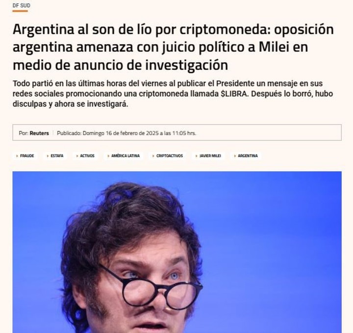 “Argentina al son de lío por criptomoneda”, escribió Diario Financiero.