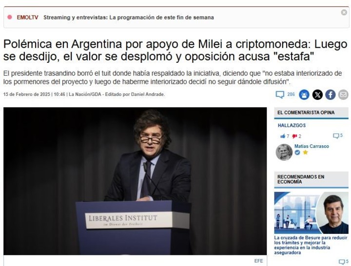 La nota de Emol, que tituló con “Polémica en Argentina”.