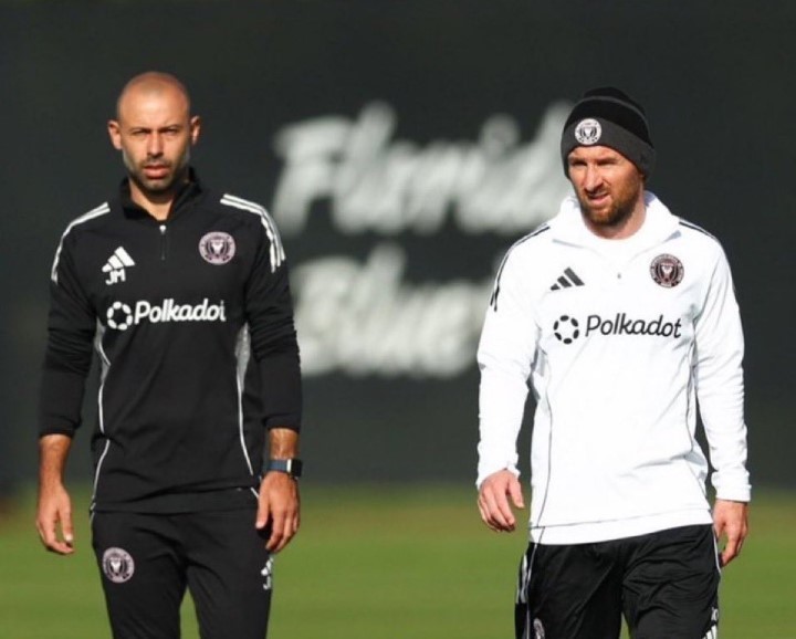 Javier Mascherano y Lionel Messi en el entrenamiento de Inter Miami.