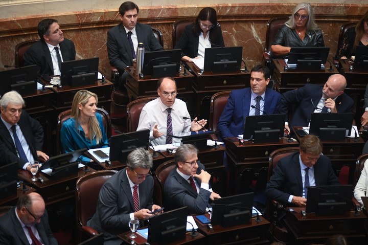 El senador radical Pablo Blanco (de camisa), propuso la comisión para investigar el escándlo cripto de Milei. Foto: Federico López Claro