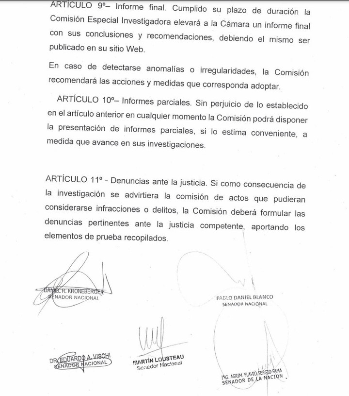 El proyecto de creación de una comisión investigadora del escándalo cripto con la firma del senador Vischi y que después votó en contra.