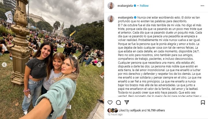 El doloroso posteo de Eva Bargiela, tras la muerte de su mamá.