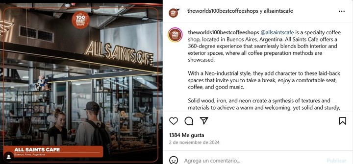 All Saints Cafe, una de las cafeterías que integran el ranking.  Foto: Instagram @theworlds100bestcoffeeshops.