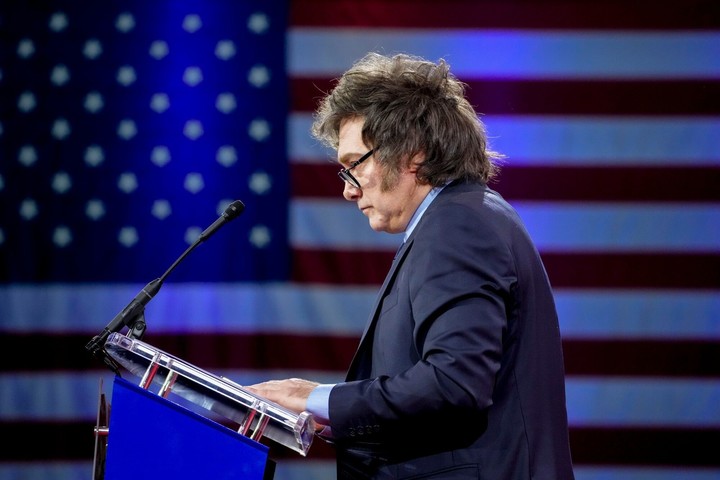 Javier Milei durante su presentación en la CPAC. Foto Bloomberg