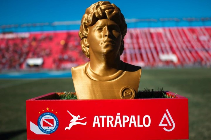 A detalle. El busto de Diego Armando Maradona sobre una maceta con pasto de Argentinos.