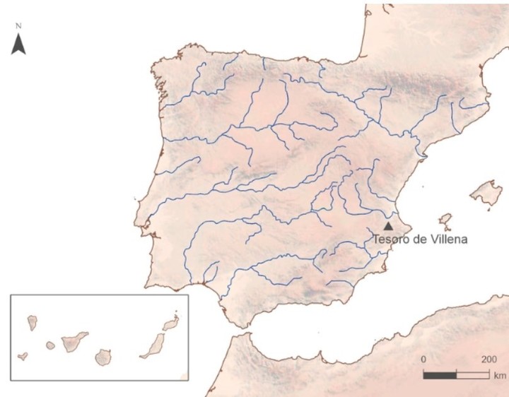 Localización del Tesoro de Villena (Alicante) en la Península Ibérica. (Rovira-Llorens et al., Trabajos de Prehistoria, 2024).