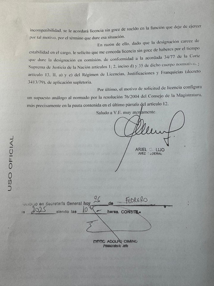 El documento en el que Lijo justifica por qué se pidió licencia para asumir en la Corte Suprema.