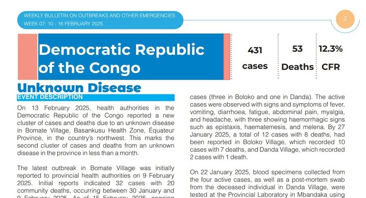 Un extracto del boletín de la OMS que habla de una "enfermedad desconocida" en el Congo.