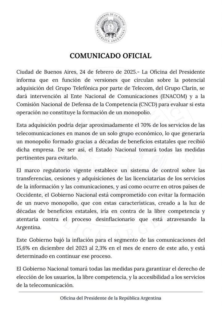 El comunicado de la Oficina del Presidente ante la venta de Telefónica de Argentina.