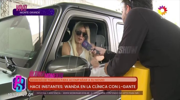 Wanda Nara fue a la clínica donde se encuentra L-Gante. Fotos: Captura TV.