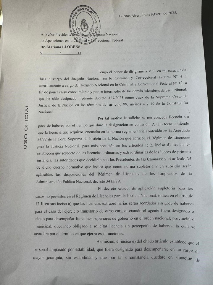 El documento en el que Lijo justifica por qué se pidió licencia para asumir en la Corte Suprema.