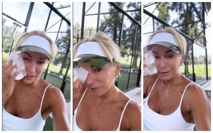 Yanina Latorre y el fuerte pelotazo que recibió en su rostro. Fotos: video Instagram.