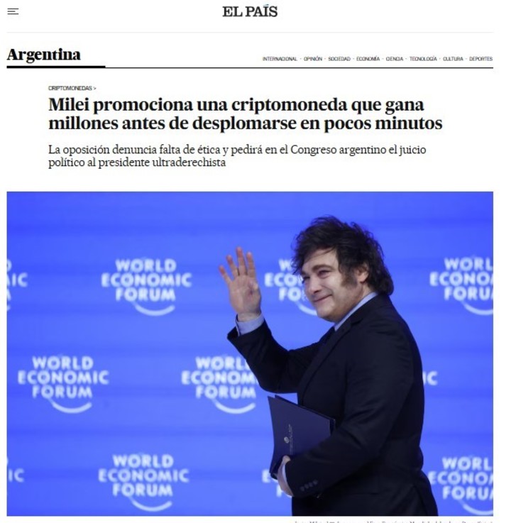 El País de España sacó dos artículos con referencia al derrumbe de $LIBRA.