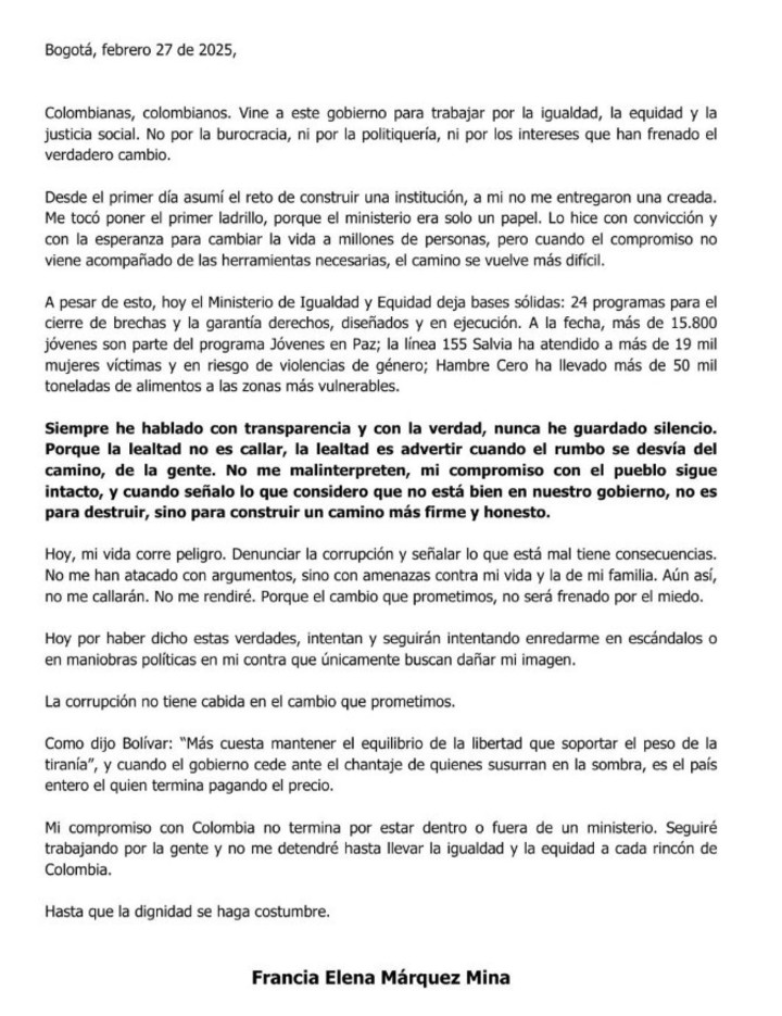 La carta de Francia Márquez, vicepresidenta de Colombia, en la que denunció amenazas por denunciar corrupción.