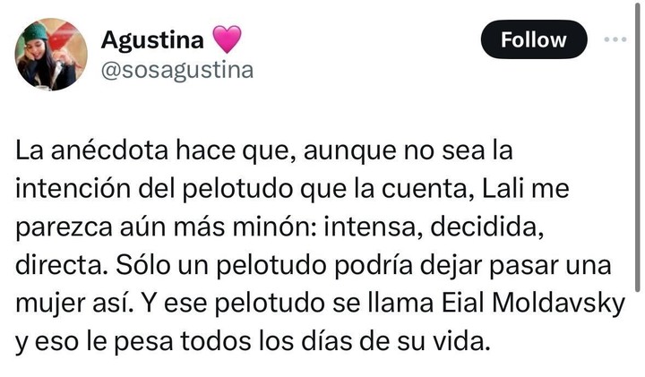 En redes sociales criticaron a Eial Moldavsky y destacaron la actitud de Lali Espósito.