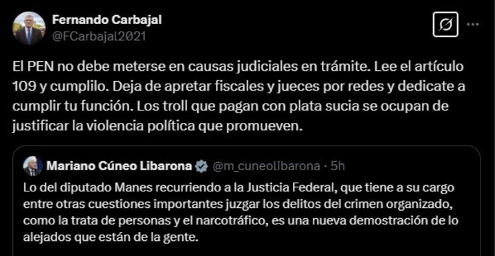 "Dejá de apretar fiscales y jueces por redes": durísimo cruce entre un diputado del bloque de Facundo Manes y el ministro Mariano Cúneo Libarona