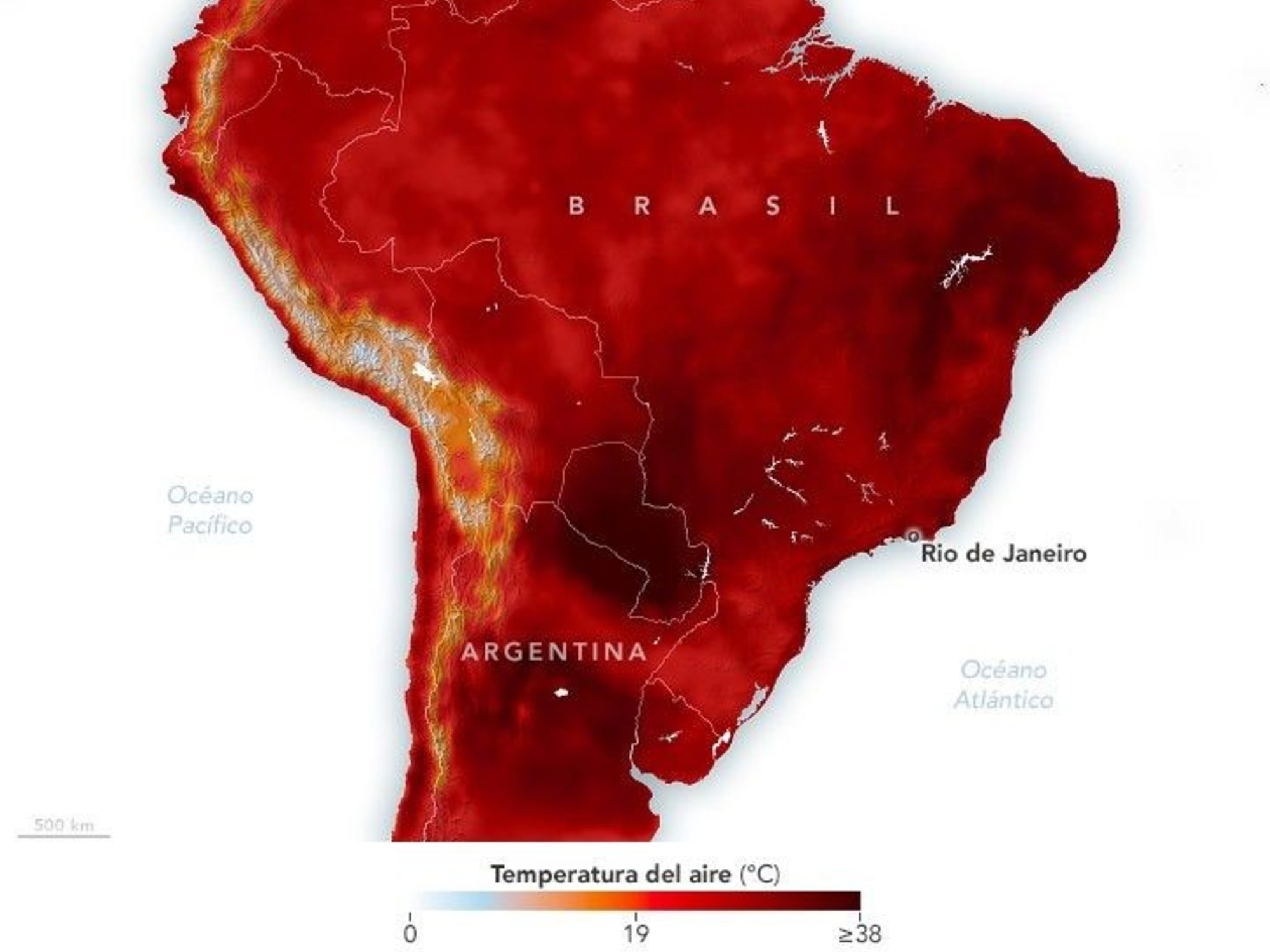 La NASA mapeó la ola de calor en Sudamérica. Foto: NASA.