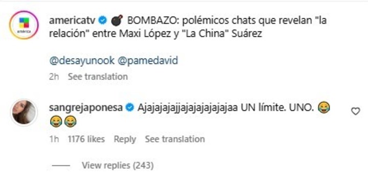 La respuesta de la China Suárez a los rumores de romance con Maxi López. Foto: Instagram