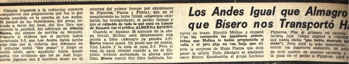 La primera parte de la cobertura del diario Crónica del empate entre Los Andes y Almagro en 1976.