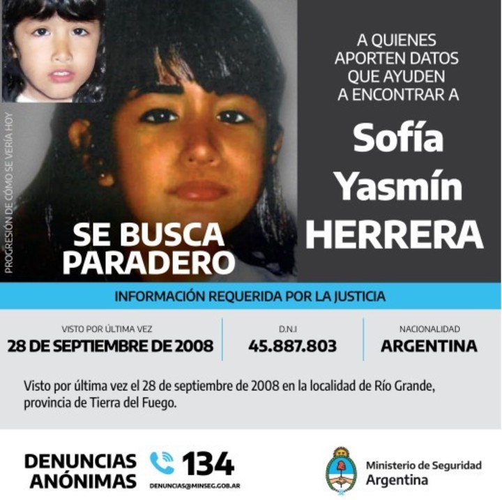 El afiche de Sofía Herrera que el Ministerio de Seguridad entregó a las fuerzas federales para su difusión.