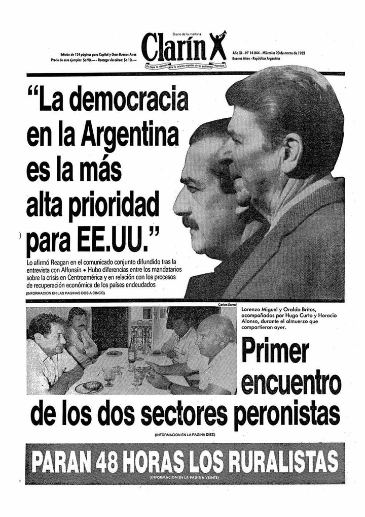 La tapa de Clarín del dia posterior al discurso de Alfonsín en la Casa Blanca.