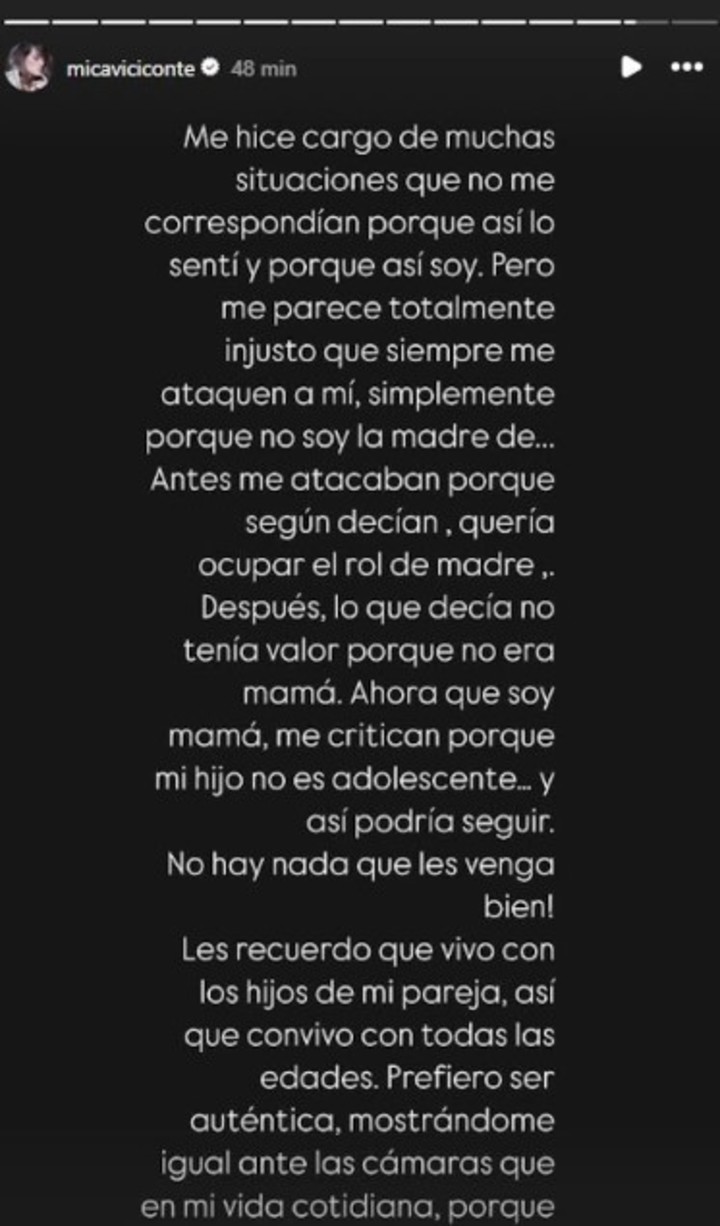 El descargo de Mica Viciconte para defenderse de las críticas tras la decisión de Allegra de no invitar a Nicole Neumann a su fiesta de 15 años. | Foto: Instagram