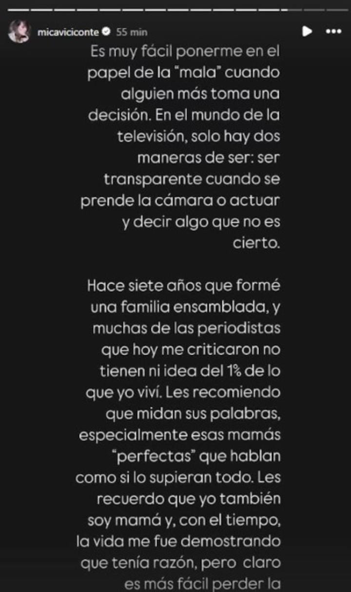 El descargo de Mica Viciconte para defenderse de las críticas tras la decisión de Allegra de no invitar a Nicole Neumann a su fiesta de 15 años. | Foto: Instagram