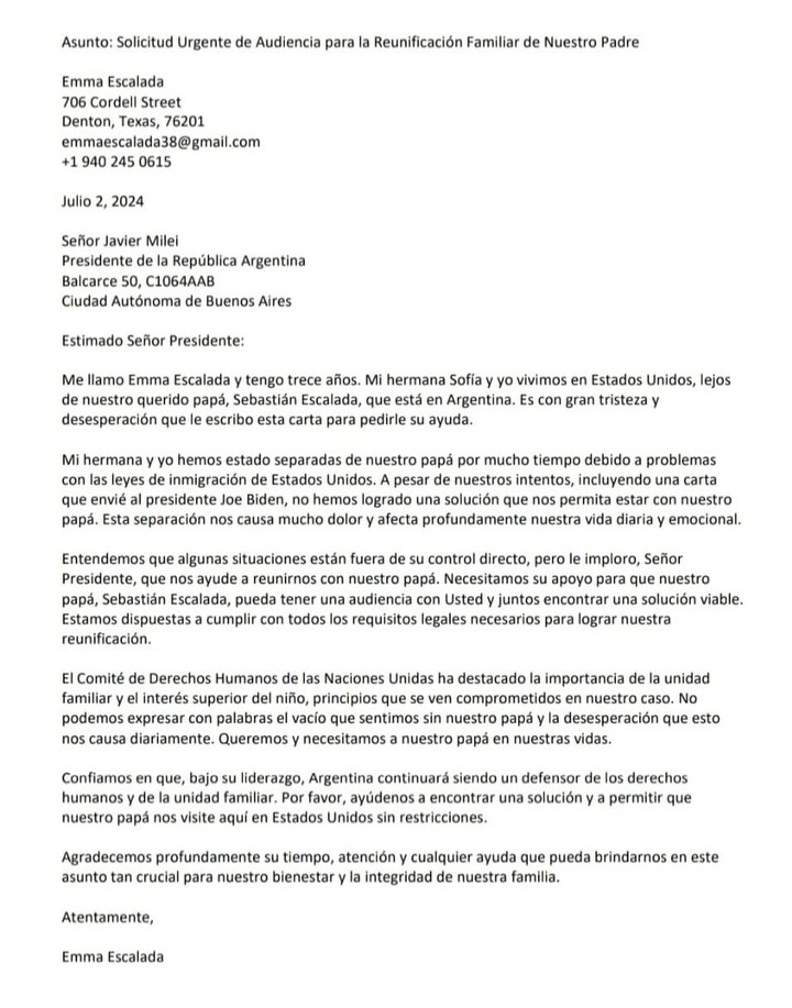 La carta que Emma, la hija de Escalada, le escribió al presidente Milei suplicándole que haga algo para volver a ver a su padre.