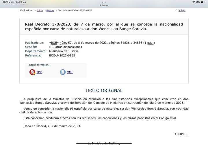 El Real Decreto de 2023 por el que el empresario Wenceslao Bunge fue admitido como ciudadano español