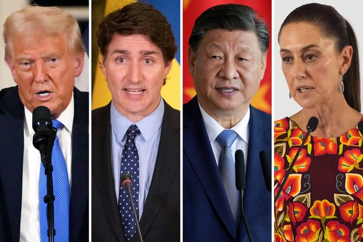 El presidente de Estados Unidos, Donald Trump, el primer ministro canadiense, Justin Trudeau, el presidente de China, Xi Jinping, y la presidente de México, Claudia Sheinbaum. Foto AP