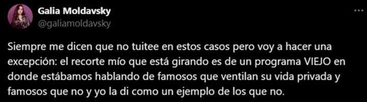 Galia Moldavsky aclaró sus dichos sobre Lali Espósito en medio de la polémica con su hermano, Eial.