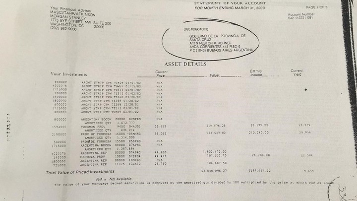 Una de las transferencias desde bancos de EE.UU. por los fondos de Santa Cruz del 2003 con una dirección en la CABA y el nombre de Néstor Kirchner.