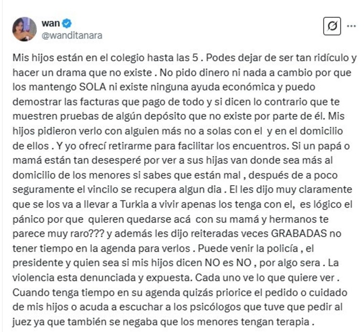 El extenso comunicado que Wanda Nara publicó y luego borró. Fuente: Twitter