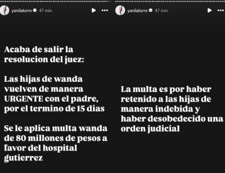 Yanina Latorre informó que Wanda Nara podría afrontar una millonaria multa por haber retenido a sus hijas más tiempo del acordado. | Foto: Instagram