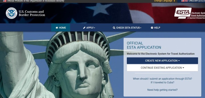 Pantalla de inicio para tramitar la ESTA. Captura sitio oficial