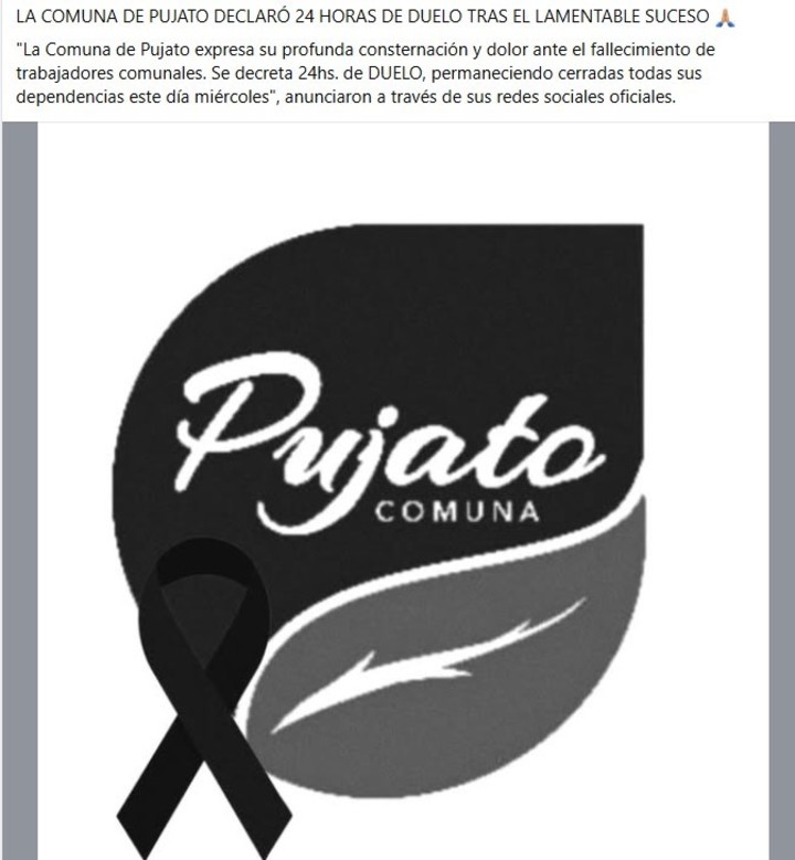 El comunicado del municipio de Pujato declarando el duelo local por 24 horas. Foto: Facebook.