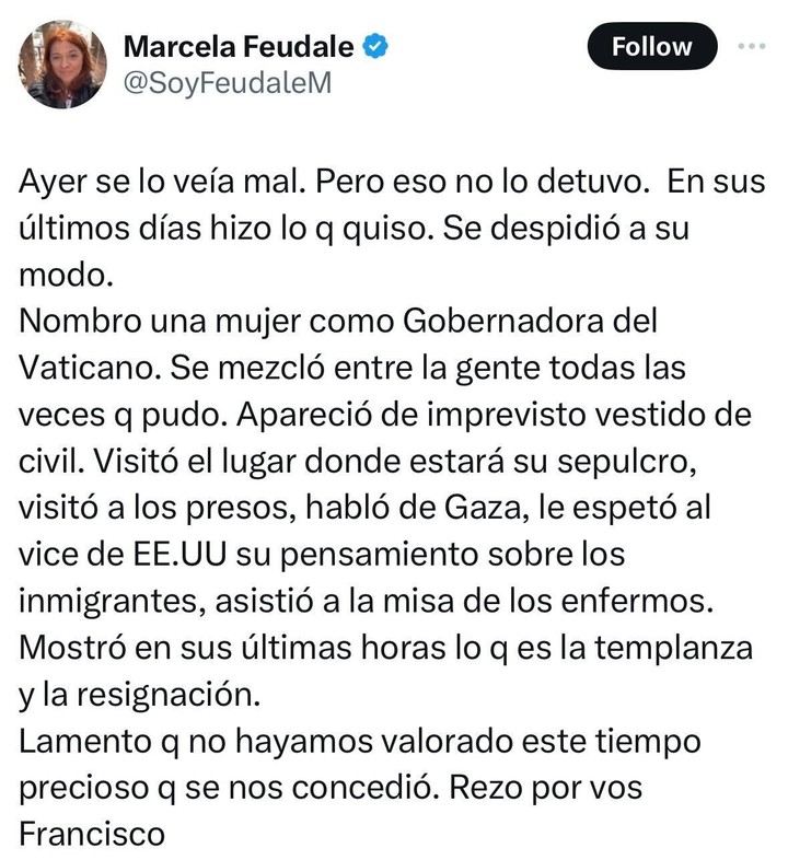 El posteo de Marcela Feudale por la muerte del papa Francisco. Foto: Instagram