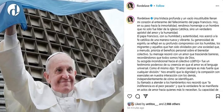 El extenso comunicado de Flor de la V por la muerte de Jorge Bergoglio. Foto: Instagram