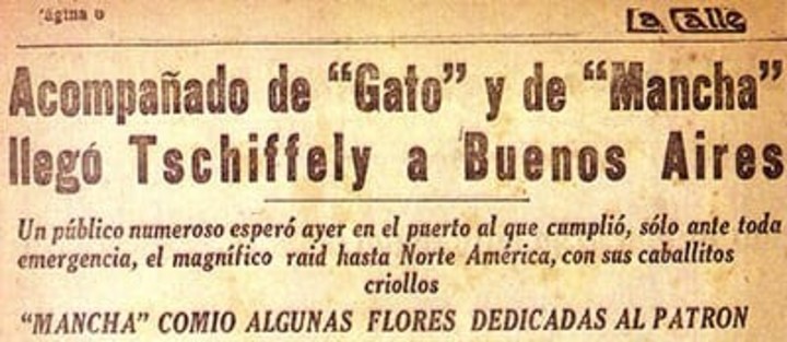 Un titulo en la prensa de Buenos Aires, en 1928, sobre el regreso al país del profesor suizo y sus dos caballos.