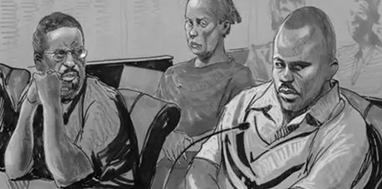 Ilustración del juicio: Duhaney (izquierda), Williams (centro) y Dimson (derecha). Foto: Associated Press / Alamy Stock Photo.