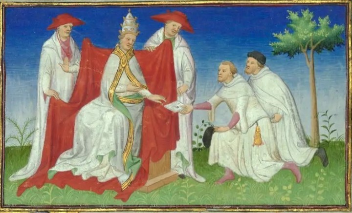 El papa Gregorio X con los hermanos Niccolò y Matteo Polo, padre y tío del explorador Marco Polo (Biblioteca Nacional de Francia).