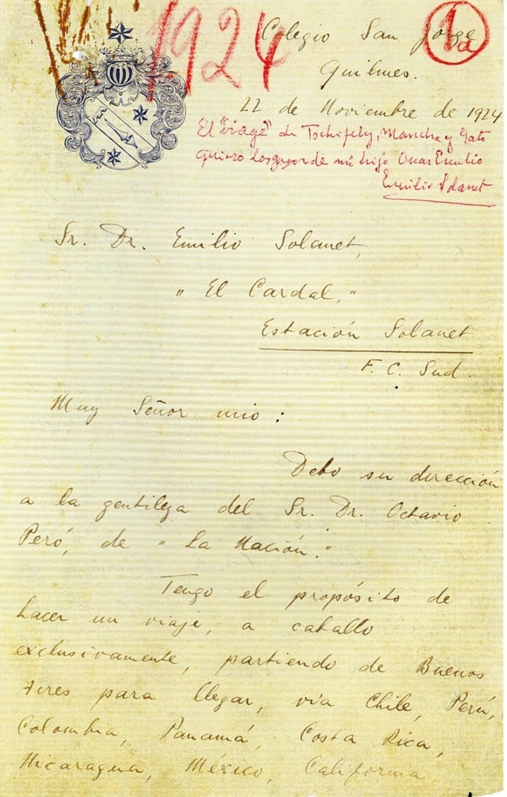 Carta de 1924 en la que Aimé Tschiffely le cuenta a Emilio Solanet su plan de viaje para el año siguiente.