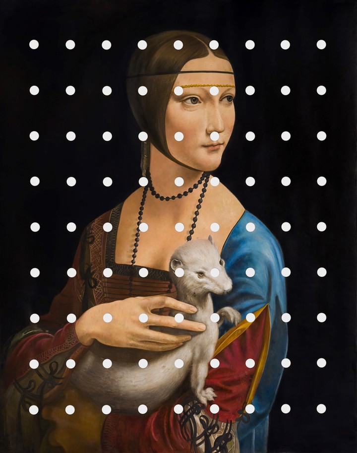 La dama del armiño, de Da Vinci, realizado hacia 1490, en versión de Martín La Rosa.