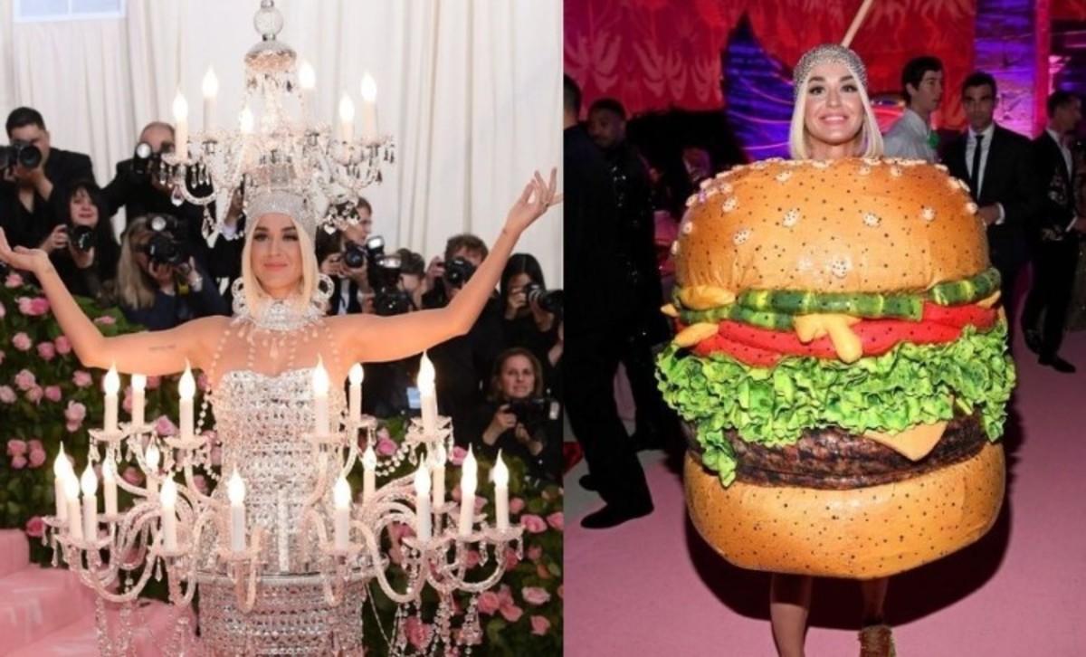 De candelabro a una hamburguesa, Katy Perry encapsuló la pura teatralidad camp en la Gala de 2019. Fotos: Pinterest vía @celebritiesmile